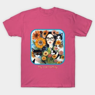 My Cat Family (lady wearing eyeglasses with 5 cats) T-Shirt